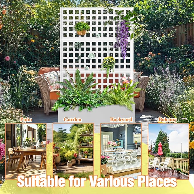 Metal Planter Box with Trellis & Wheels, Raised Garden Bed with Privacy Screen, Outdoor Standing Flower Beds with Drainage Hole for Climbing Plants, Vine, 47" Lx16 Wx71 H