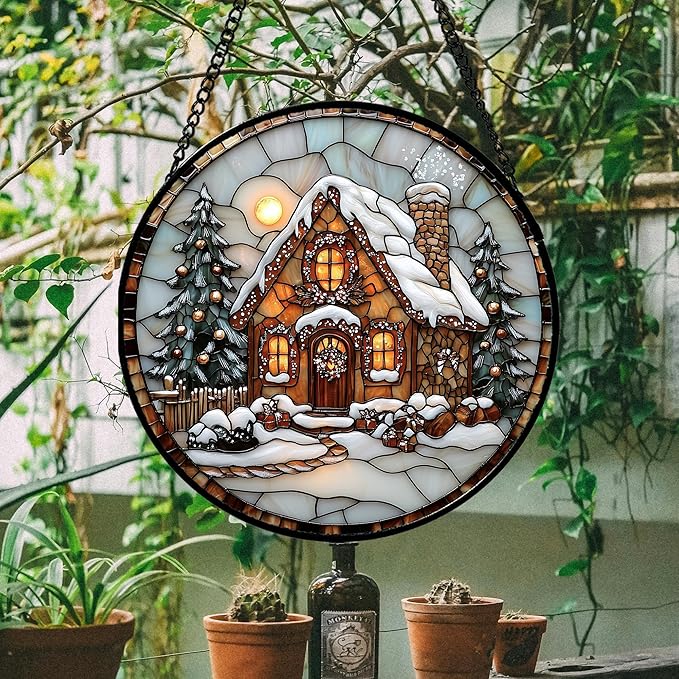 AMDERVEN Stained Glass Window Hanging - Christmas Tree Cottage Sun Catcher for Door Garden Home Winter Decor Snowy Night Suncatcher Mother's Day Birthday Gifts for Women Men Mom Nana 11.8 in