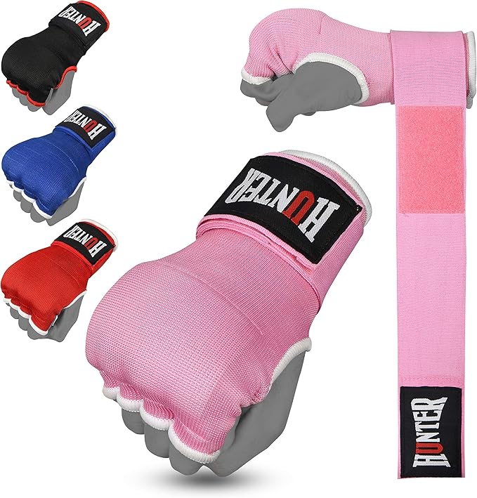 HUNTER Gel Padded Inner Gloves with Hand Wraps for Boxing, Quick Elastic Training Wraps for Men & Women, Muay Thai MMA Kickboxing Martial Arts Knuckle Wrist Protector (Pair)