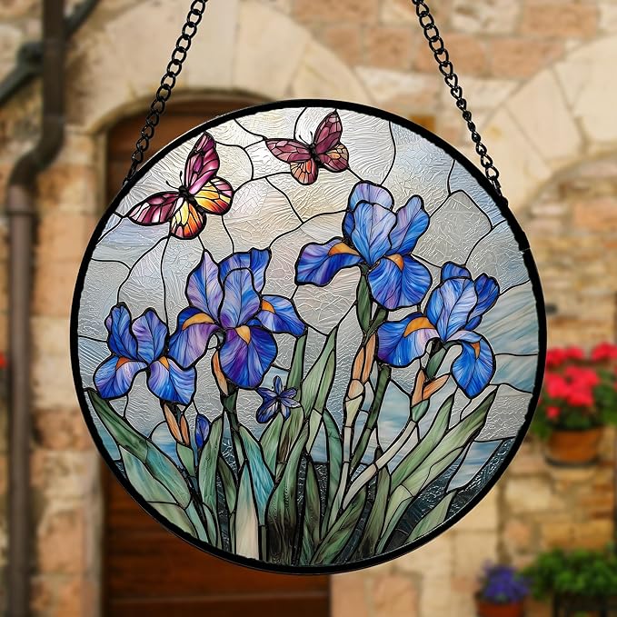 Stained Glass Window Hanging, Blue Iris Flowers Butterfly Suncatcher Diamond Colorful Glass Panel Sun Catchers Decor for Birthday for Women, Men, Wife, Aunt, and Mom 7.8 in