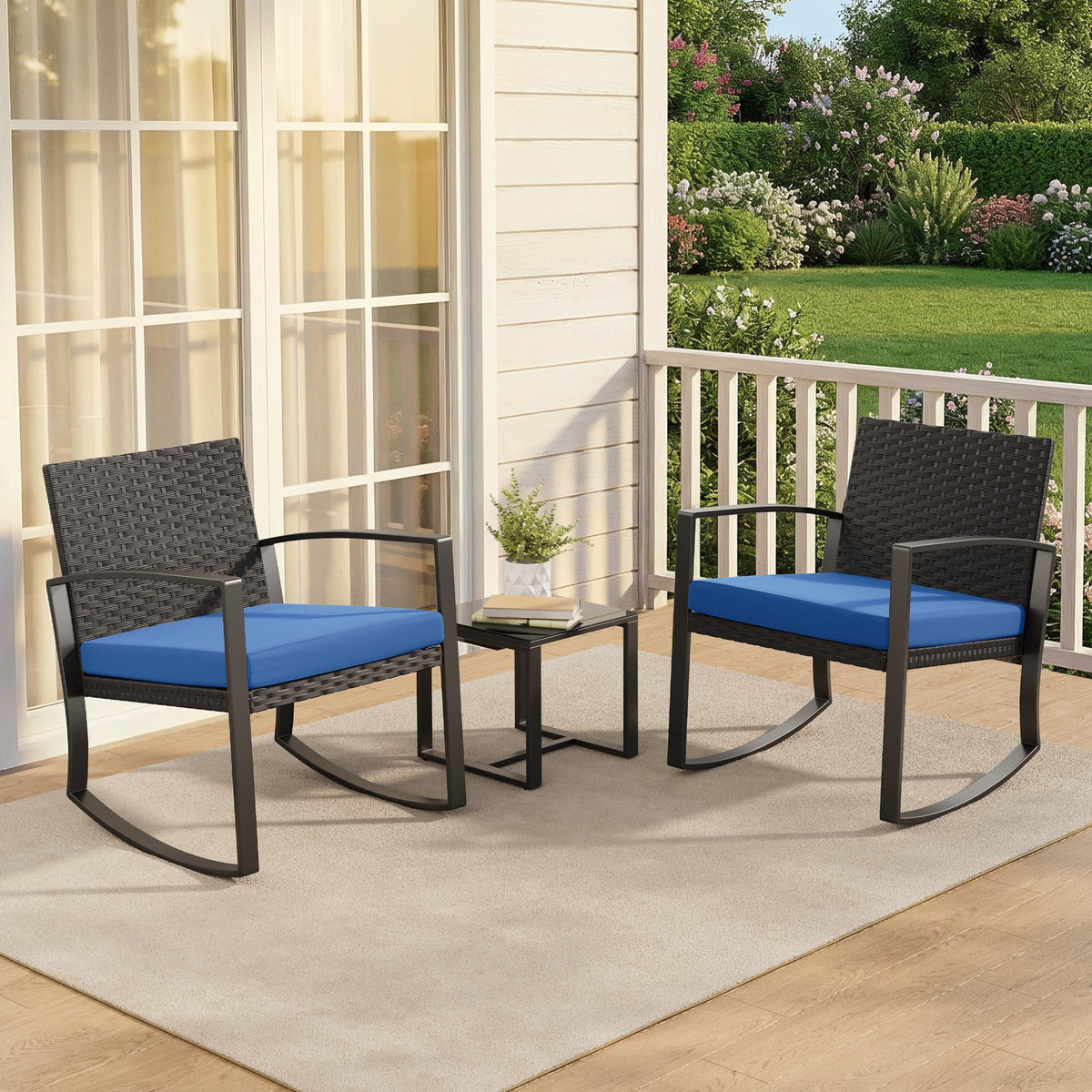 Qsun 3 Piece Patio Bistro Set Patio Furniture Set Outdoor Wicker Rocking Furniture Conversation Set with Tempered Glass Coffee Table for for Front Porch Balcony and Deck (Blue Cushion)