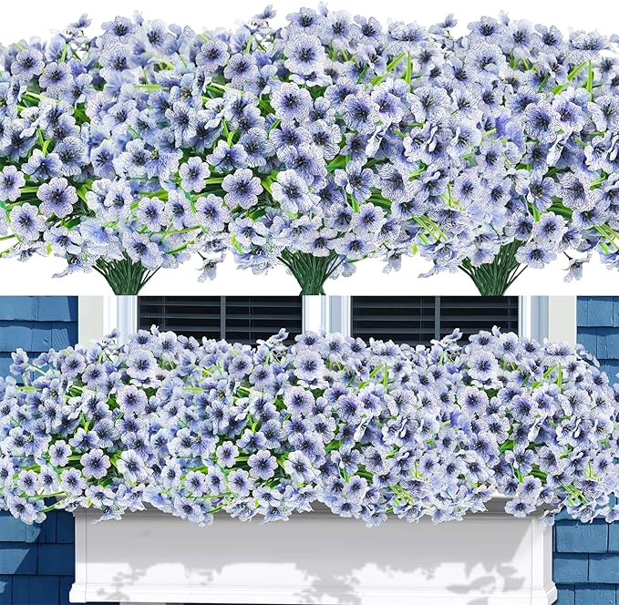 Uieke 72 Bundles Artificial Flowers for Outdoors UV Resistant Fake Flowers No Fade Faux Greenery Plastic Plants for Garden Porch Window Box Home Party Wedding Spring Summer Decor (Blue)