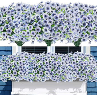 Uieke 72 Bundles Artificial Flowers for Outdoors UV Resistant Fake Flowers No Fade Faux Greenery Plastic Plants for Garden Porch Window Box Home Party Wedding Spring Summer Decor (Blue)
