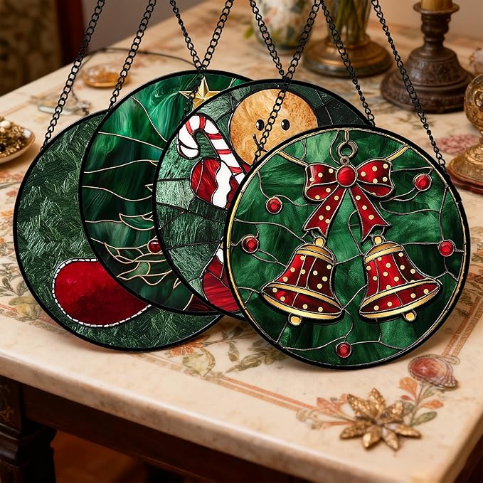 AMDERVEN Stained Glass Window Hanging 4 Pcs Set Red Christmas Stockings and Gingerbread 6.3" - Suncatcher Door Garden Sun Catcher Decor Birthday Mother's Day Xmas Gifts for Mom Woman Nana Men