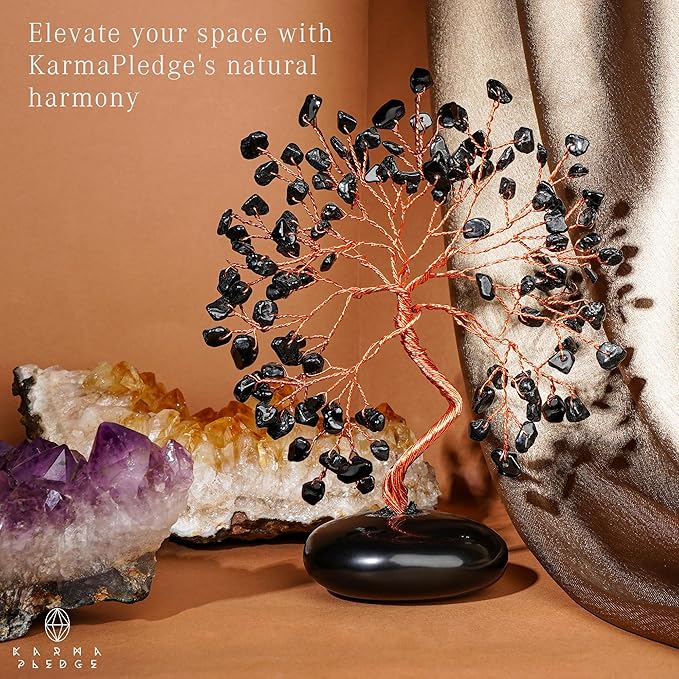 KARMAPLEDGE Black Obsidian Crystal Tree of Life Gifts for Women, Home and Office Desk Decor, 7 Chakra Reiki Healing, Tree for Positive Energy, Good Luck, Money, Meditation, Birthday Gifts