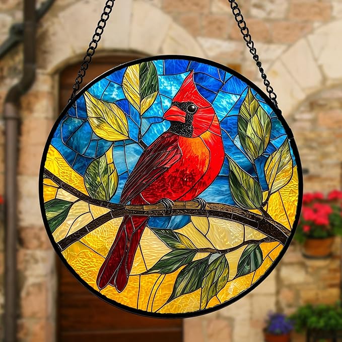 DASTOLL Stained Glass Window Hanging, Blue Sky Cardinal Sun Catchers Colorful Glass Panel Red Birds Suncatcher Decor for Birthday for Women, Men, Wife, Aunt, and Mom 7.8 in