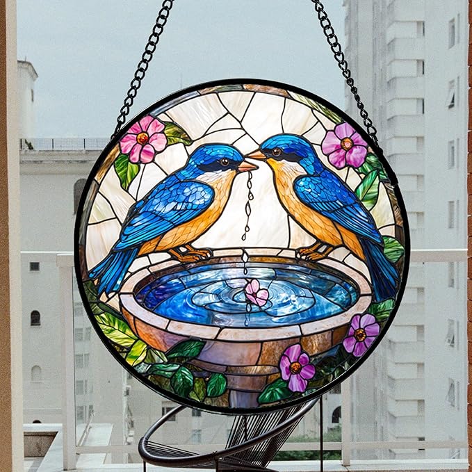 Stained Glass Window Hanging, 2 Blue Birds Suncatcher Diamond Glass Panel Hangings Bird Lover Sun Catchers Decor for Birthday for Women, Men, Wife, Aunt, and Mom 14.9 in
