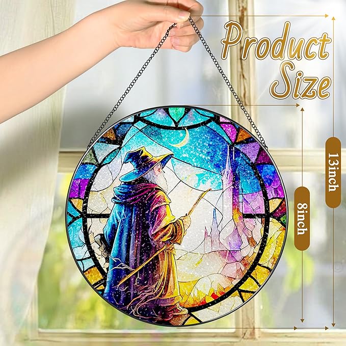 Stained Glass Window Hanging, LAOWEIKI 8'' Witch Suncatcher, Stained Glass Ornament, Suncatchers for Windows Hanging, Window Decor, Outdoor or Indoor, Gifts for Friends