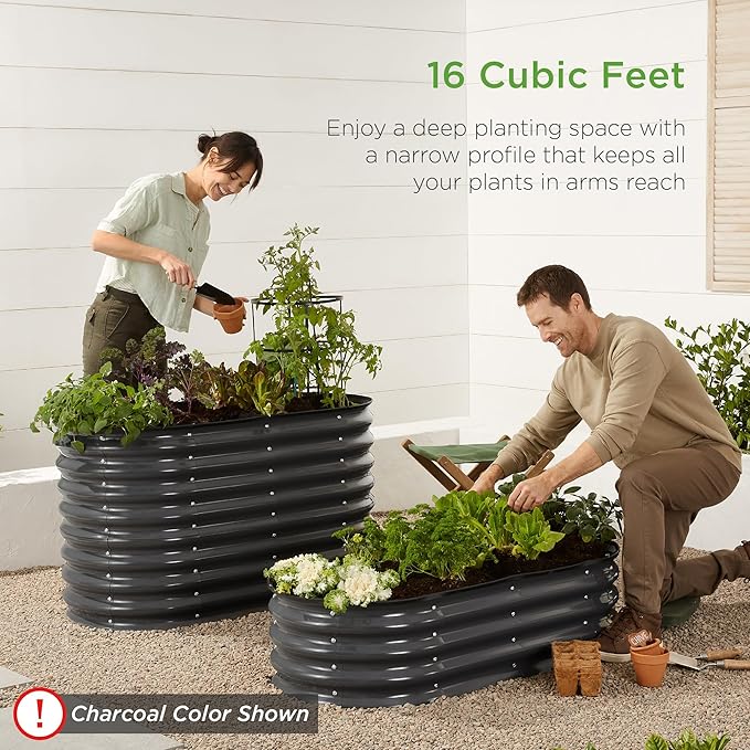 Best Choice Products 4x2x2ft Outdoor Metal Raised Garden Bed, Oval Deep Root Planter Box for Vegetables, Flowers, Herbs, and Succulents w/ 101 Gallon Capacity, Rubber Edge Guard - Dark Green