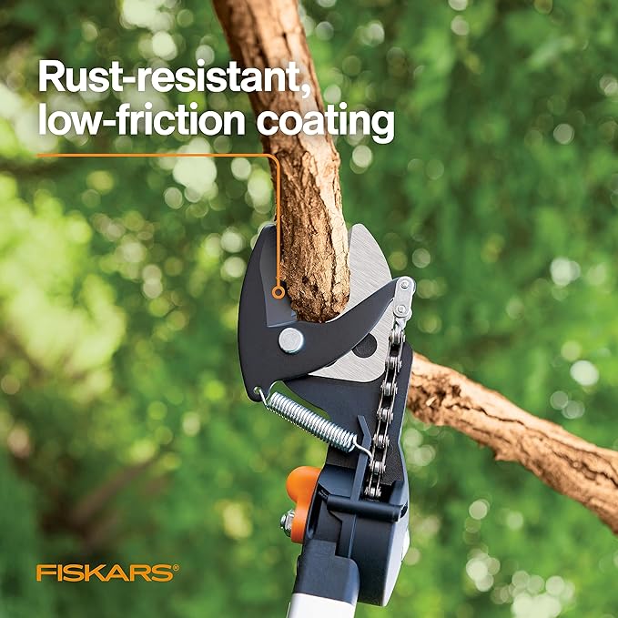 Fiskars 2-in-1 Extendable Tree Pruner and Pole Saw (Extends 7.9 - 12 feet) with Rotating Head, Pruning Stik Model with15-Inch Double-Grind Saw Blade, and Double Locking System