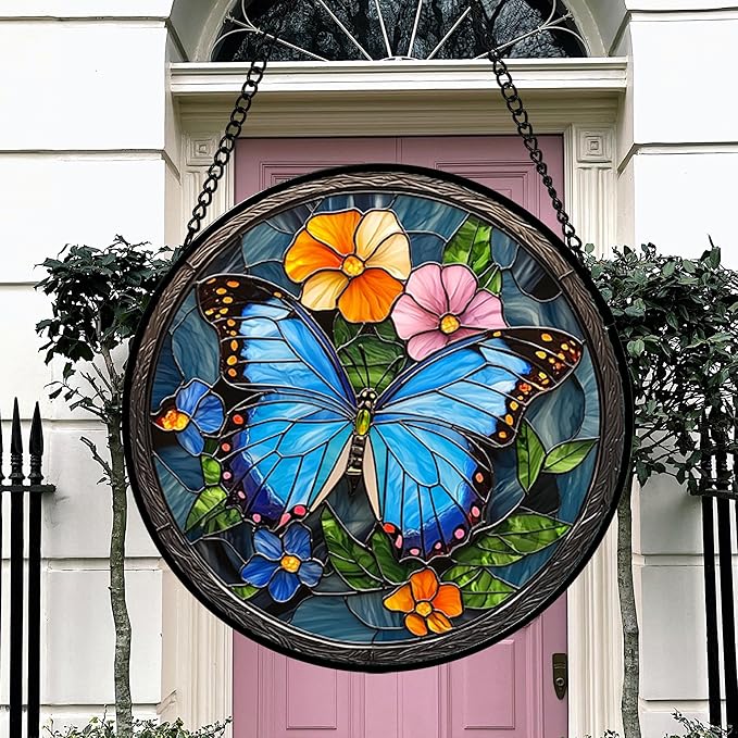 HWRHTR Stained Glass Window Hanging, Blue Butterfly Flower Suncatcher for Doors Home Sun Catchers Decoration and Christmas, Mother's Day Birthday Gifts for Women, Men, and Mom 7.8 in