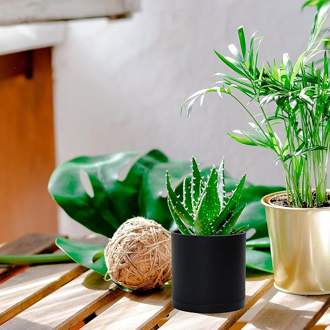D'vine Dev 6 Pack 4.5 Inch Modern Plastic Plant Pots, Small Garden Planters for Plant with Drainage Holes and Saucers, Black Color, 74-Y-F-3