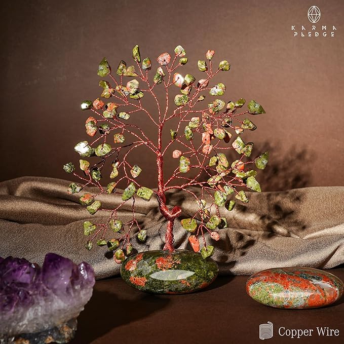 KARMAPLEDGE Crystal Tree of Life Home and Office Feng Shui Decor, Unakite Healing Crystal Handmade Bonsai Tree for Positive Energy, Good Luck, Money, Christmas Decor, Birthday Gifts for Women, Mom