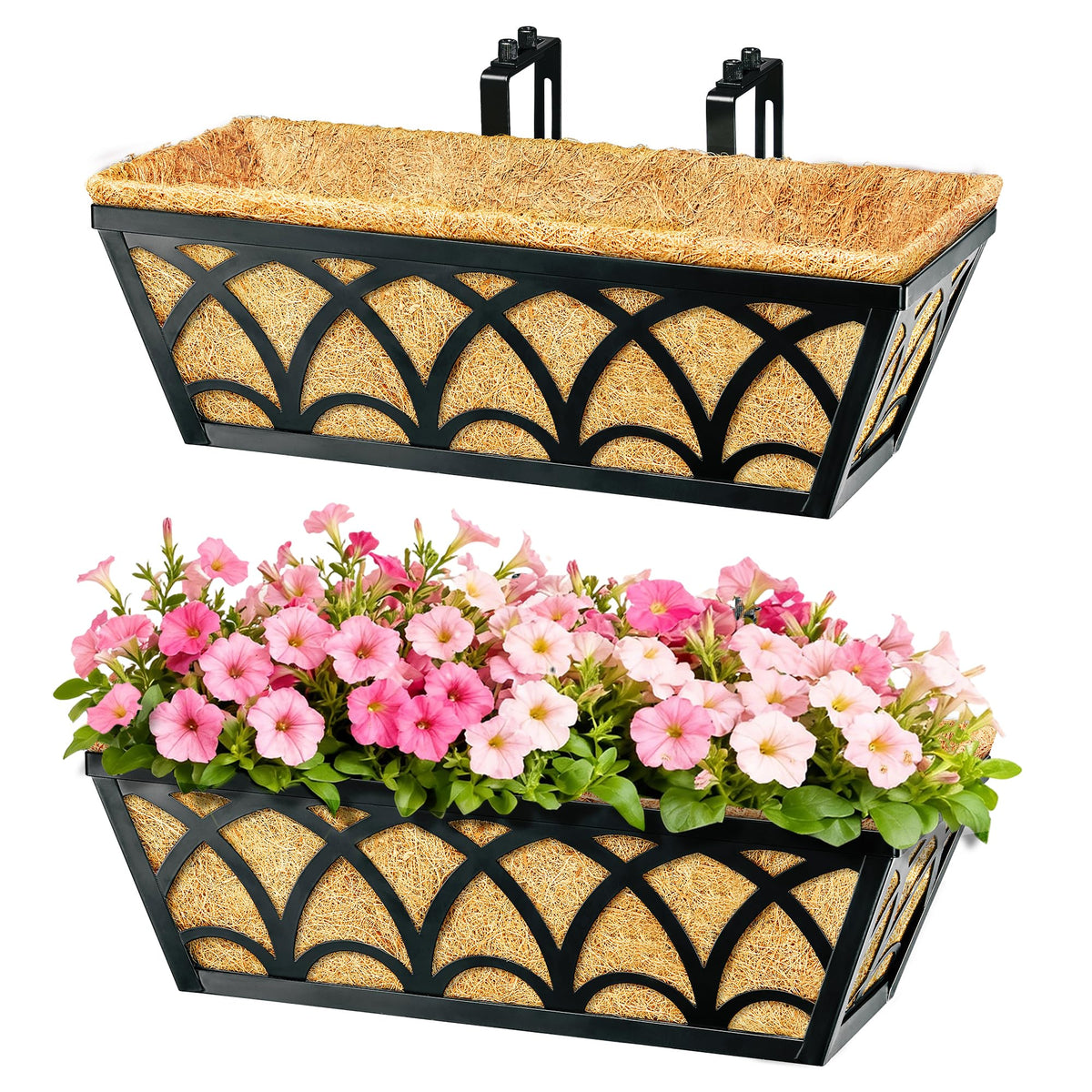 16 Inch Railing Planter Box Window Boxes Planters - 4 Pack Deck Railing Planter Boxes with Adjustable Brackets Coco Liners Balcony Planters Railing Hanging for Window Flower Boxes Outdoor Garden Decor