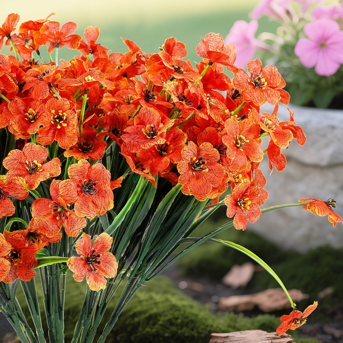 Bietrun 12 Bundles Artificial Fall Flowers Outdoor, Artificial Fake Mums for Outdoor, Faux Plants Greenery Orange Daisy Bulk, UV Resistant No Fade, Faux Plastic Garden Porch Patio Fall Home Decor