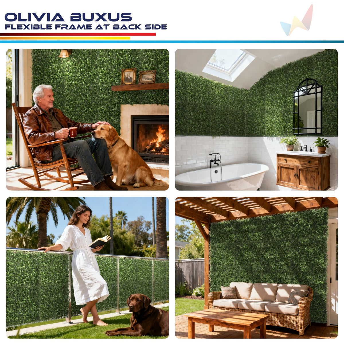 Windscreen4less 2 PCS 20"x20" Artificial Boxwood Panels Faux Plant Grass Green Wall Panel Decoration for Outdoor Indoor Garden Backyard (Olivia Buxus)