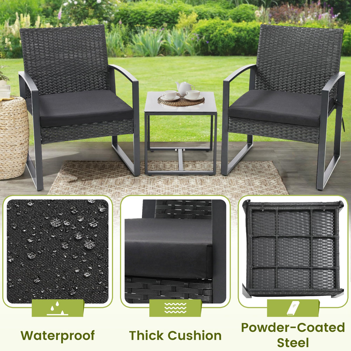 Murago Outdoor 3-Piece Wicker Bistro Set, Patio Conversation Set
