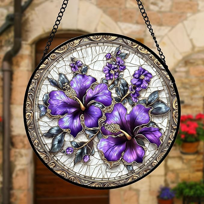 Stained Glass Window Hanging, Purple Flowers Romantic Suncatcher for Doors Home Sun Catchers Decoration and Christmas, Mother's Day Birthday Gifts for Women, Men, and Mom 6.3 in