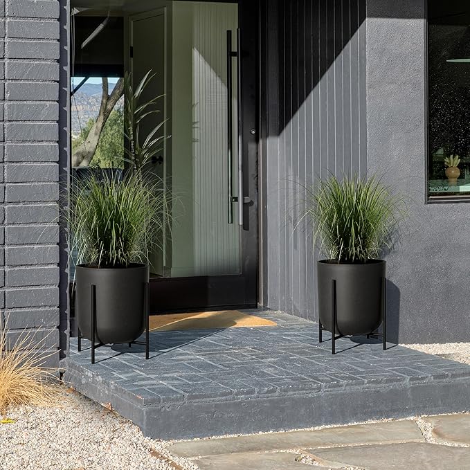 Veradek Mason Series Raised Lima Planter - Round Planter for Patio/Balcony | Plastic-Stone Composite w/Metal Plant Stand | Modern Décor for Plants