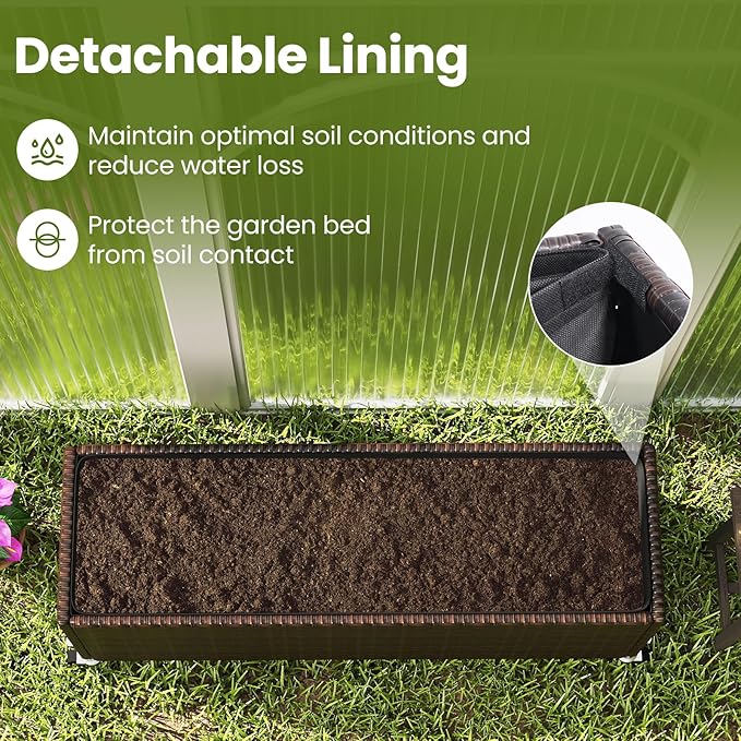 HAPPYGRILL Raised Garden Bed, All-Weather PE Rattan Elevated Planter Box w/Lockable Wheels, Liner for Growing Vegetables Flowers Herbs, Indoor Outdoor Wicker Rolling Gardening Box for Yard Patio (2)