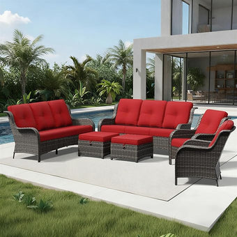 Joyside 6 Piece Wicker Patio Furniture Set, Rattan Patio Chairs with High Back, Deep Seating, Wide Armrest, Thickened Cushions, Outdoor Furniture for Deck, Porch Use
