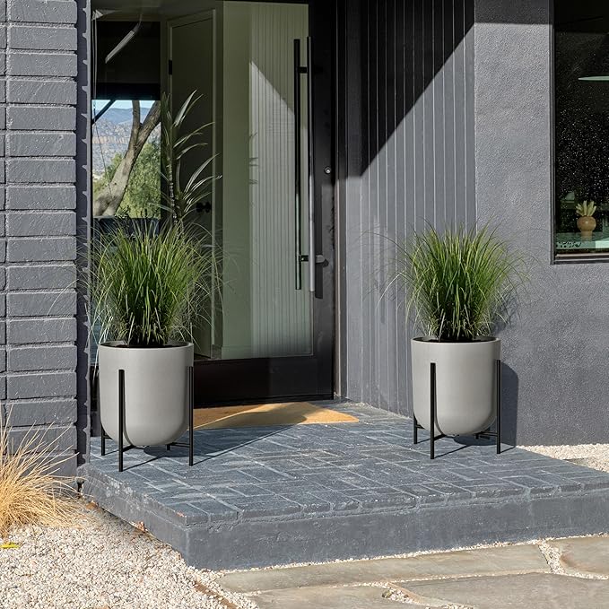 Veradek Mason Series Raised Lima Planter - Round Planter for Patio/Balcony | Plastic-Stone Composite w/Metal Plant Stand | Modern Décor for Plants