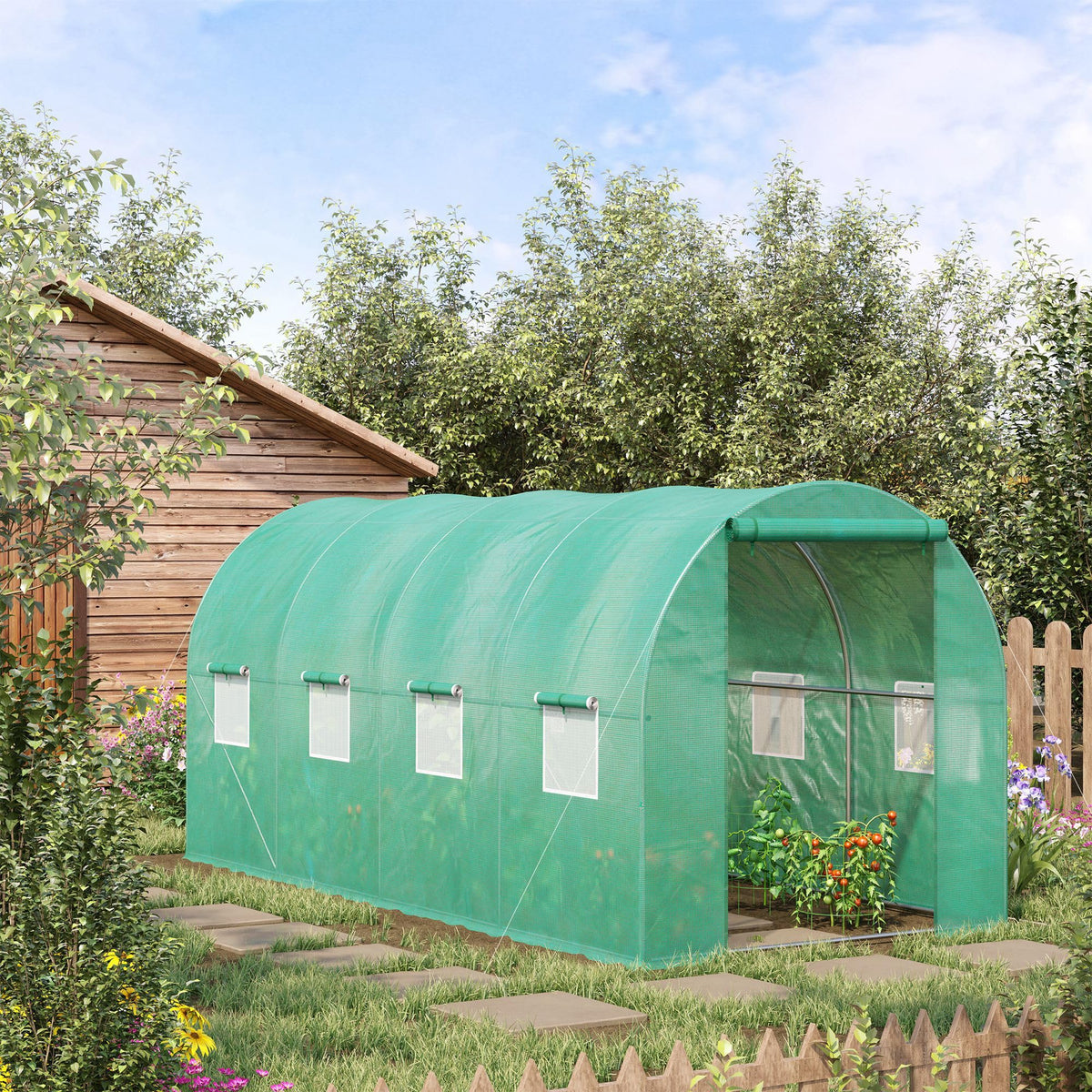 Outsunny 15' x 7' x 6.5' Walk-in Tunnel Hoop Greenhouse PE Cover Green