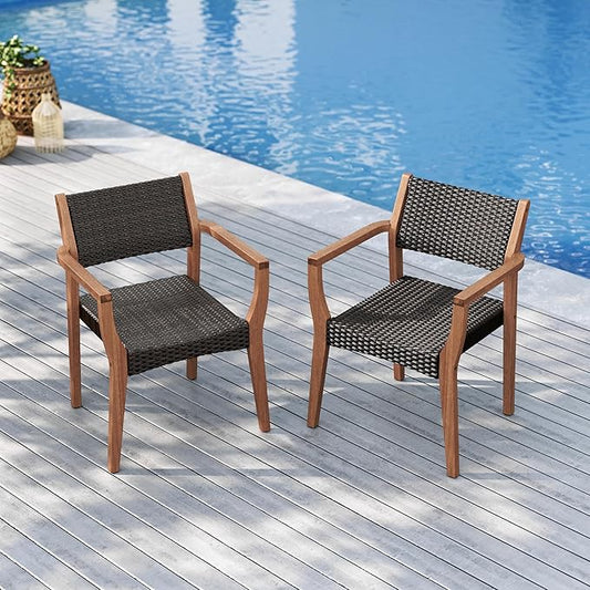 Sophia & William Patio Dining Chair Set of 2, Outdoor Rattan Wicker Dining Chairs with Sturdy Acacia Wood Frame,Weather Resistant Accent Chairs for Garden, Backyard, Poolside, Balcony