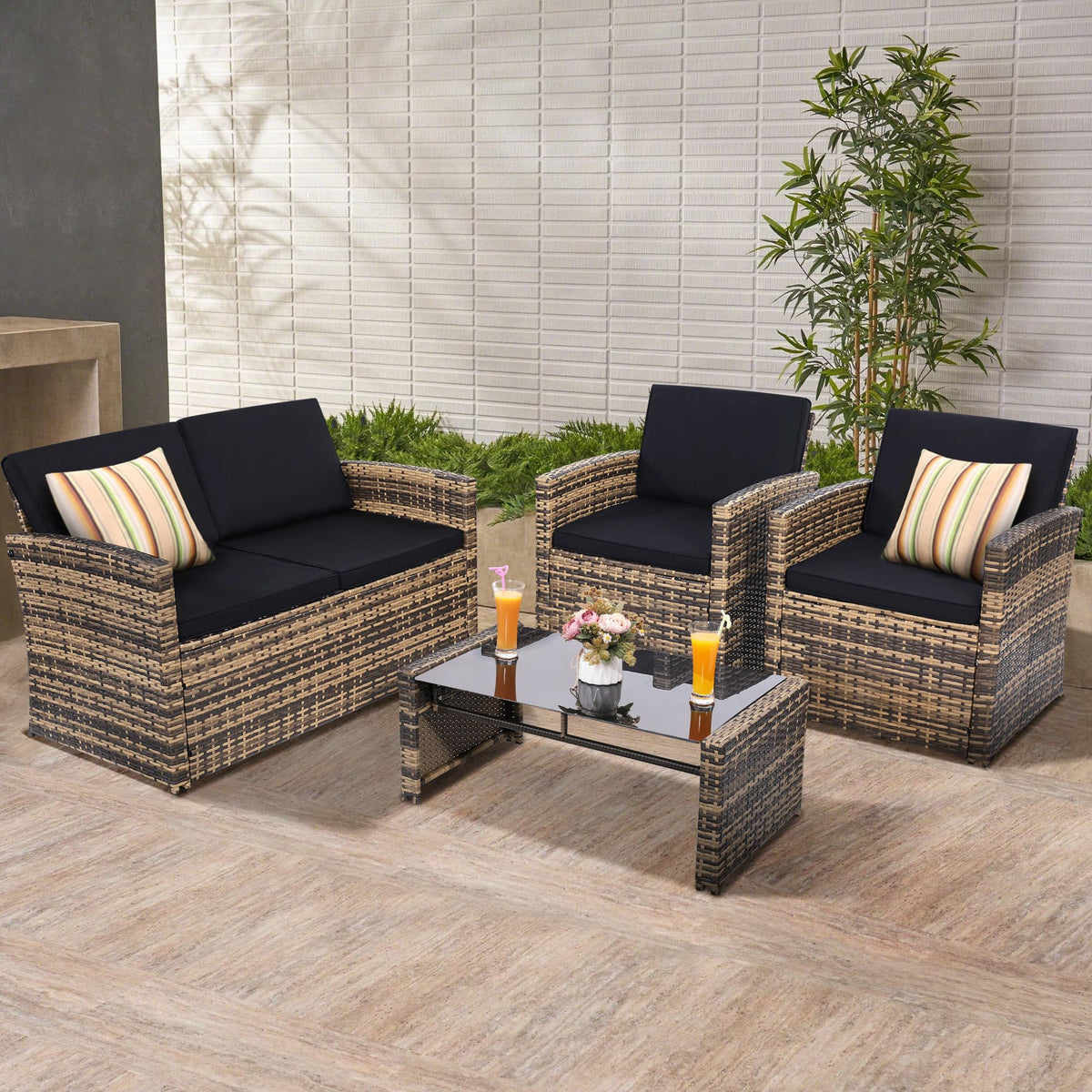 KROFEM 4 Piece Patio Furniture Set, Outdoor Wicker Conversation Set