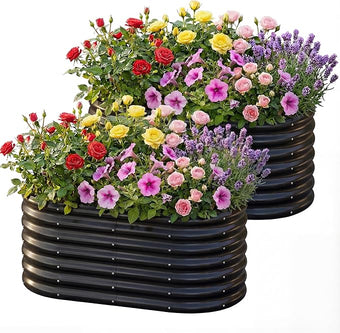 AHEONLAR 2 Pack 4×2×2ft Galvanized Raised Garden Beds Outdoor, Oval Sturdy and Durable Planter Boxes for Vegetables, Fruits, Flowers and Plants, Easy Assembly, Black