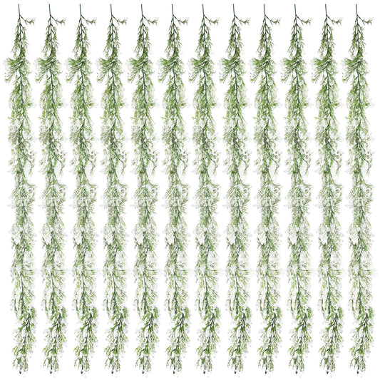 Lyrow 12 Piece Artificial Baby Breath Flower Vines 5.9ft Faux Hanging Gypsophila Greenery Garland Vines Fake Bulk Baby Breath Garland for Wedding Party Table Home Backdrop Wall Decor (White)
