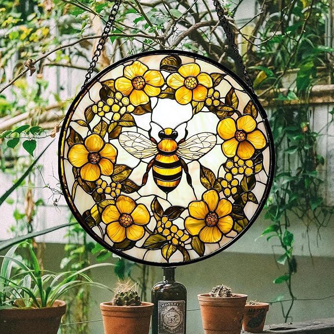 Stained Glass Window Hanging - Yellow Flowers Surrounded by Bees Sun Catcher for Door Garden Home Decor Cute Suncatcher Christmas Mother's Day Birthday Gifts for Women Men Mom Nana 11.8 in
