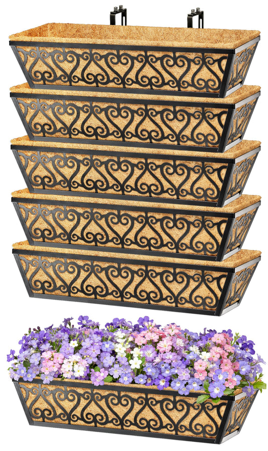EINYEXW 6 Pack 24 Inch Deck Railing Planter Box - Window Boxes Planters with Adjustable Brackets Coco Liners Balcony Planters Railing Hanging for Window Flower Boxes Outdoor Garden Decor