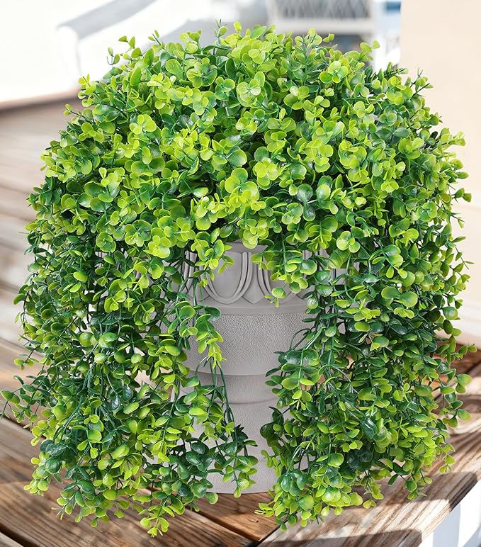 Faux Outdoor Plants Fake Hanging Plants for Outdoors Outside Decorations, 2 Pcs Green Faux Eucalyptus Stems Realistic UV Resistant Artificial Greenery for Planters Porch Garden Yard Front Door Patio