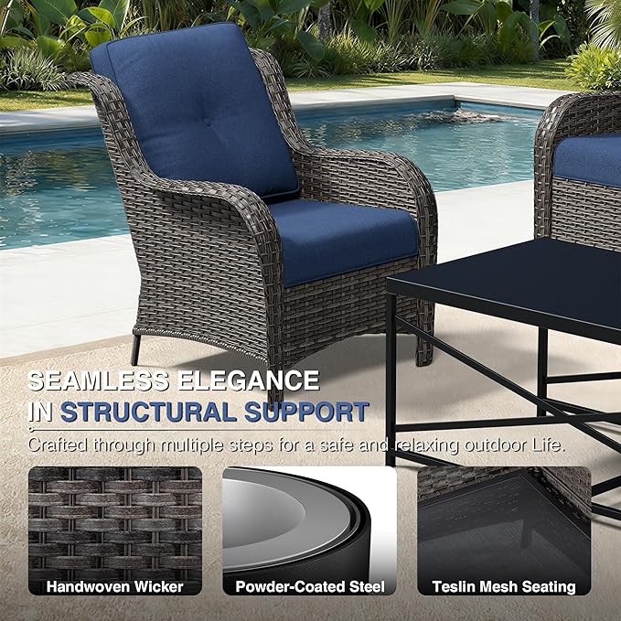 Joyside 3 Piece Wicker Patio Furniture Set, Rattan Patio Chairs with High Back, Deep Seating, Wide Armrest, Thickened Cushions, Outdoor Furniture for Deck, Porch Use