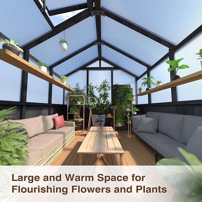 MUPATER 6' x 12' Walk-in Wooden Polycarbonate Greenhouse with Ventilated Window & Lockable Door, Multi-Layer PC Panels for UV Protection, Greenhouse Kit for Outdoor, Garden and Backyard, Black