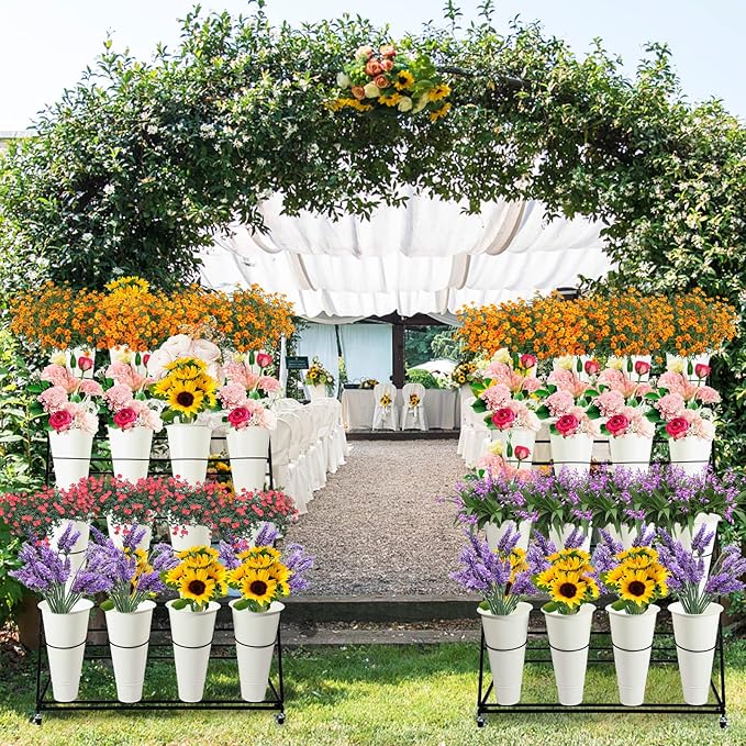 SPTZQURY Flower Display Stand with Buckets, 3 Layers Metal Plant Stand, Moving Florist Bouquet Shelf for Fresh Flower Shop, for Patio Garden, Outdoor Flower Pop-Up Events (White Frame - White Bucket)