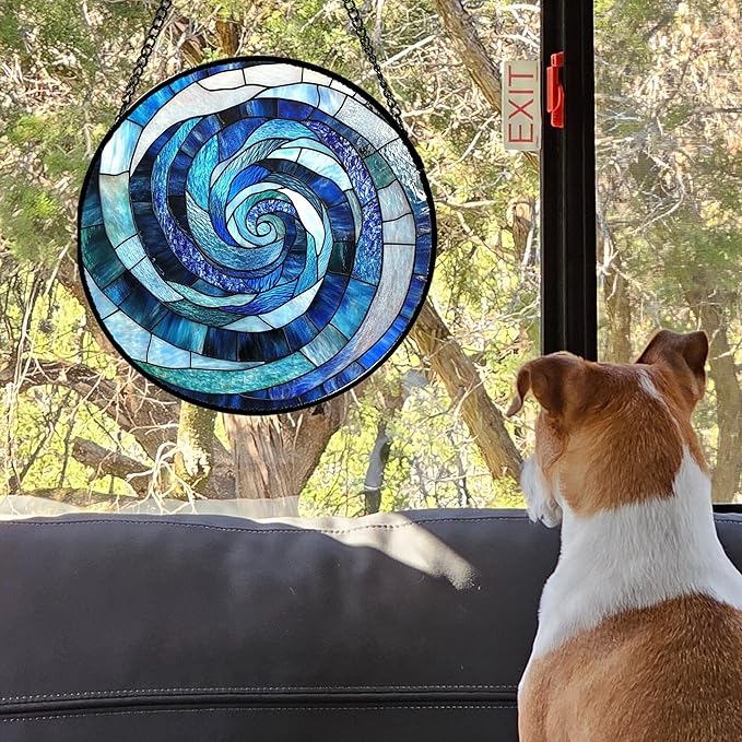 Stained Glass Window Hanging - Blue Abstract Swirl Suncatcher for Doors Garden Patio Unique Sun Catchers Decor Christmas Mother's Day Birthday Gifts for Women Men Mom Nana Friend 9.8 in