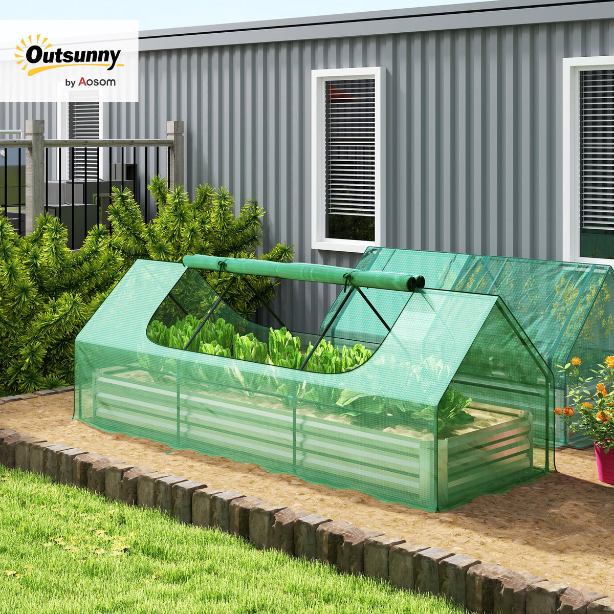 Outsunny 8.6 x 3 x 1ft Metal Planter Box with Mini Greenhouse, Green/Silver