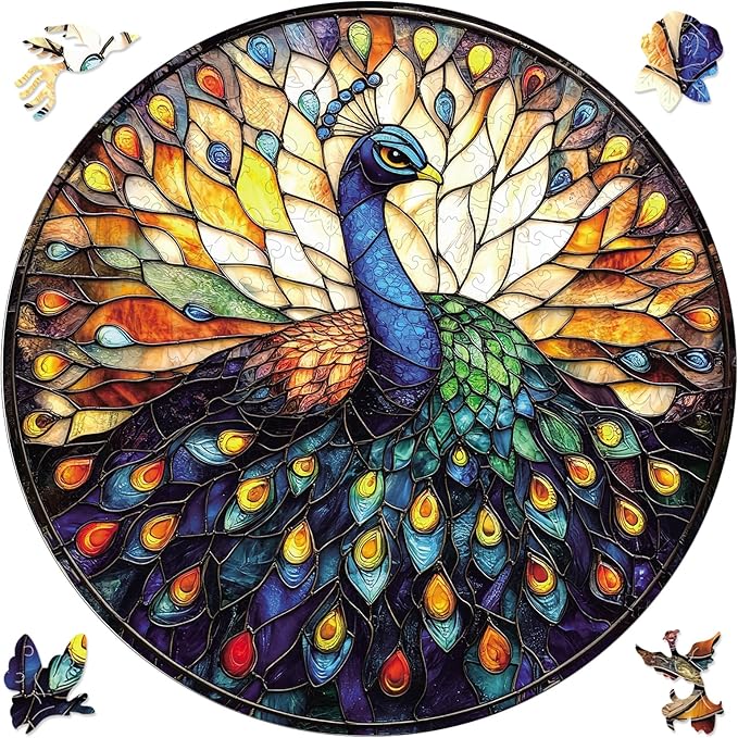 Qiuenisray Jigsaw Puzzles for Adults 200 Pieces, Beautiful Wooden Puzzles Stained Glass Peacock, FSC Certified Unique Shape Adult Puzzles, for Family Friend 11.2 x 11.2 in