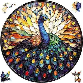 Qiuenisray Jigsaw Puzzles for Adults 200 Pieces, Beautiful Wooden Puzzles Stained Glass Peacock, FSC Certified Unique Shape Adult Puzzles, for Family Friend 11.2 x 11.2 in