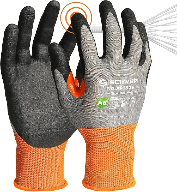 Schwer A6 AIR-SKIN Cut Resistant Work Gloves, Comfortable & Breathable, 21-Gauge Seamless Knit Flexible Safety Working Gloves with Grip for Refined Tasks, Touch-screen, Non PFAS, 1 Pair, S, AR5926
