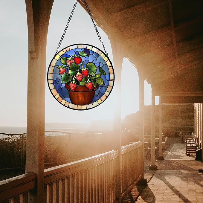 Stained Glass Window Hanging Red Strawberry Potted Plants 9.8" - Suncatcher Door Garden Sun Catcher Fall Home Decor Birthday Christmas for Mom Men Woman Nana Friend