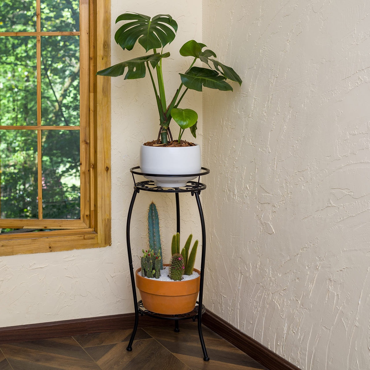 FaithLand 2 Tier Tall Black Metal Plant Stand Indoor Outdoor, 26.5"