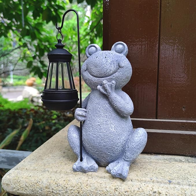 Qobumy Frog Solar Garden Statues,Resin Frog Figurine Decorations with Solar Lights Lantern, Outdoor Figurines Lawn Garden Statue Decor Art for Lawn,Yard,Balcony Ornament,Gift for Home Mom.
