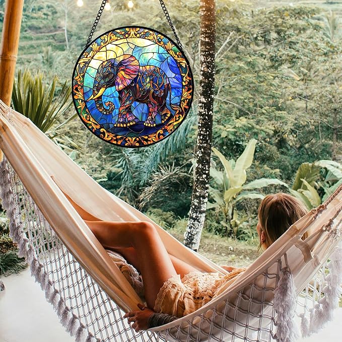 Stained Glass Window Hanging - Blue Elephant Suncatcher for Door Terrace Garden Home Decor, Yellow Retro Sun Catcher Birthday Gifts for Lovers Women Men Dad Mom Nana 11.8 in