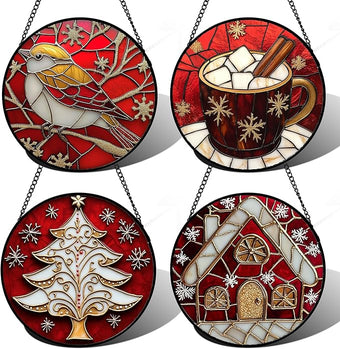 Stained Glass Window Hanging 4 Pcs Set Red Christmas Themed Decorations 7.8" - Suncatcher Door Garden Sun Catcher Decor Birthday New Year for Mom Woman Nana Men