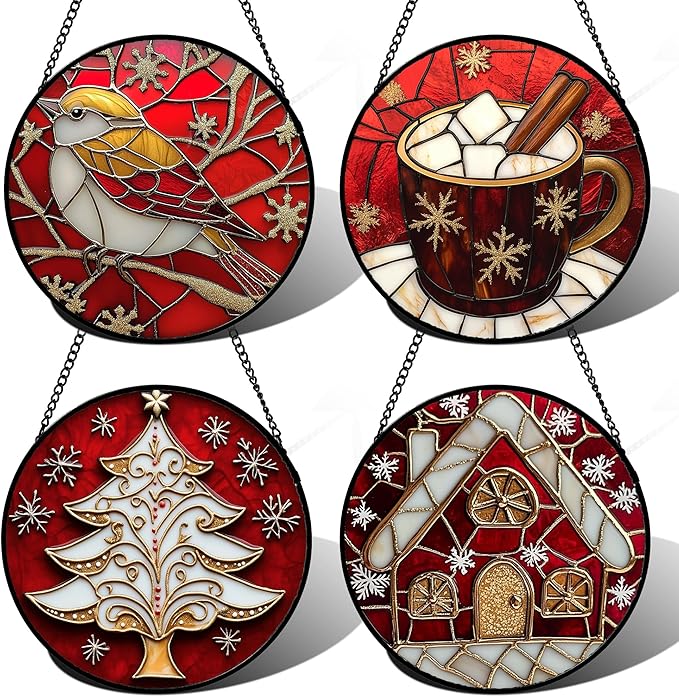 Stained Glass Window Hanging 4 Pcs Set Red Christmas Themed Decorations 6.3" - Suncatcher Door Garden Sun Catcher Decor Birthday New Year for Mom Woman Nana Men