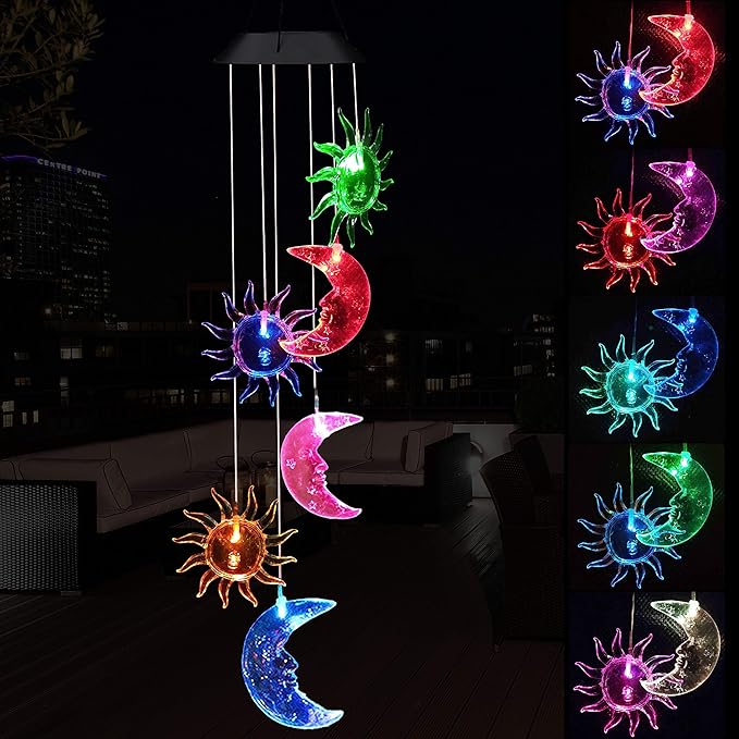 Solar Sun and Moon Wind Chimes Outdoor - Waterproof Mobile Romantic Changing Light Color Wind Chime, Sun Moon Windchimes for Xmas Mom Gifts, Home, Party, Festival Decor, Night Garden Decoration
