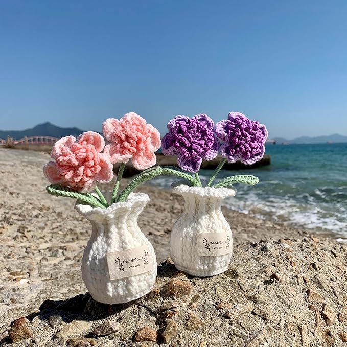 YOOJEE Crochet Paris Polyphylla Flower Pot Handmade Knitted Desk Decor Pink Potted Plant for Home Office